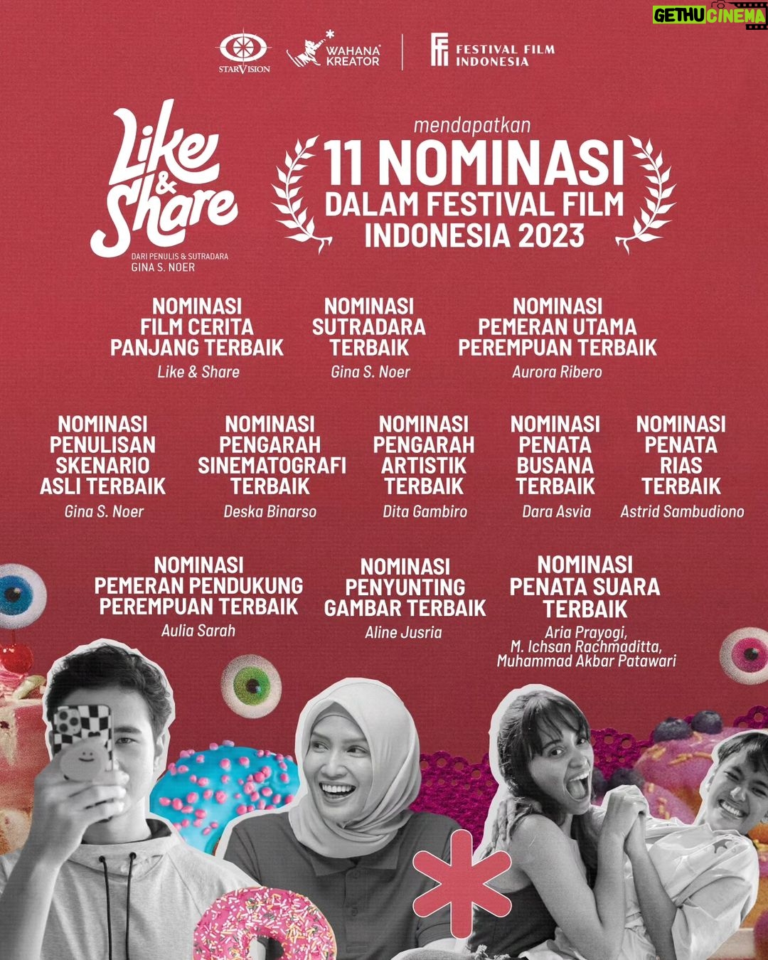 Gina S. Noer Instagram - Di balik @filmlikeandshare ada tim yang ((bercandyaaaa... bercandyaaa...)) dan menghadapi suka duka dengan makan enak serta tawa lepas. Menurut saya, hubungan baik yang tumbuh selama proses filmmaking adalah kemenangan paling sejatinya para pencerita. Selamat untuk seluruh tim. Baik yg namanya tercantum sebagai nomine @festivalfilmid ataupun yang tidak. Sesungguhnya ini adalah pencapaian kita semua. Mari makan-makan. Mari kita rayakan ππ Foto campuran dari @trirtn BTS khusus dari bung @desbins ππ«ΆπΌ *Film Like & Share mendapatkan 11 nominasi dalam Festival Film Indonesia 2023! Terima kasih tim seleksi & akademi citra serta panitia FFI!* Nominasi Penulis Skenario Asli Terbaik Gina S. Noer -- @rinosarjono @arief_ashshiddiq @dddddaaaarrriin @divapresya @deyayu.yuliani @arawindak @auroraribero Nominasi Penata Suara Terbaik Aria Prayogi, M. Ichsan Rachmaditta, Muhammad Akbar Patawari - Like & Share @ariaprayogi @alunanpost @ichsound @asssound_m_akbar_patawari_15 @novryanto.tm @nepioks Nominasi Pemeran Pendukung Perempuan Terbaik Aulia Sarah - Like & Share @owliasarah @fafa_didin Nominasi Penyunting Gambar Terbaik Aline Jusria - Like & Share @alinejusria @coldcaffein richie @nikko_ba Nominasi Penata Busana Terbaik Dara Asvia - Like & Share @daraasvia & team Nominasi Penata Rias Terbaik Astrid Sambudiono - Like & Share @astridsambudiono & team Nominasi Pengarah Artistik Terbaik Dita Gambiro - Like & Share @ditagam Tulang, @amyfitria.s @nxf.74 @detaunggul Nominasi Pengarah Sinematografi Terbaik Deska Binarso - Like & Share @desbins @fajar.ridho.ilahi @andhypulung @super8mmstudio @ucii_amini Nominasi Pemeran Utama Perempuan Terbaik Aurora Ribero - Like & Share @auroraribero @rummayay @wickedwidhi @ariefhavidz Nominasi Sutradara Terbaik Gina S. Noer - Like & Share @rambatrandi @kikaalattas @ikamardianaa Nominasi Film Cerita Panjang Terbaik Like & Share @chandparwez @salmanaristo @sppratama @ameoktavia @orchidaramadhania @ellenarmin @yanarahajeng Tak lupa tim promo Mbak Hanah @adam_juanp @guzila @celinekiesa @viankajulian dkk. poster @alvinhariz @stephanyjosephine Tim produksi Bang Ade, Pak Iyang, Ricky dkk Pokoknya selamat semuanya π₯³