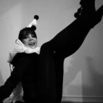 Ginger Gonzaga Instagram - Clown IRL and for Halloween. Every pic is me just trying to show that my shoes also have Pom Pom puffs on them, and my hat is still dripping Elmer’s glue. Happy Halloween!🤍🖤 Nails x @p_and_p_atl #happyhalloween #halloween #clown #perriotclown #leclown #tights #crafts #blackandwhite