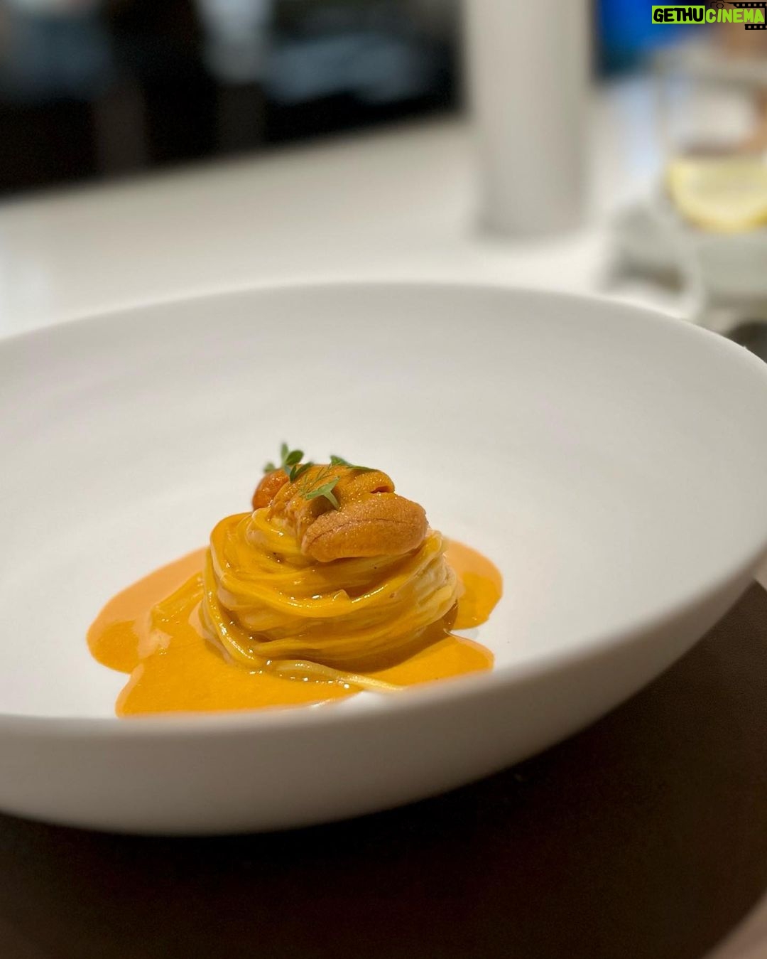 Gladys Lee Instagram - #uni is just my all time favorite 🫰🫰🫰 Uni carbonara from egg yolk with homemade spaghetti, one more please. Pork or pigeon for main course. And the carrot dessert was fun and tasty. @frassi_tw by chef @iacopofrassi #finedining #taipeifood #taipeifoodie #gourmet #gastronomy Frassi