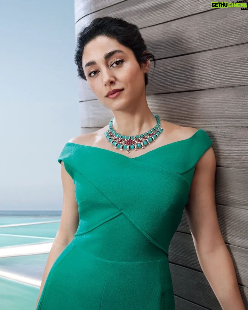Golshifteh Farahani Instagram - The beauty of embellishment unfolds: composed of a double row of azure chalcedony beads this necklace showcases an iridescent constellation of rubies. #CartierBeautésduMonde #CartierHighJewelry