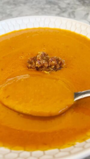 Gordon Ramsay Instagram - Don’t get the shivers….it’s soup season ! Here’s my delicious and simple Roasted Tomato Soup
.
TOMATO PESTO
Pine nuts
Sundried tomatoes
Parmesan cheese
Olive oil
Black pepper

SOUP 🥣 
Tomatoes
Olive oil
Red onion
Kosher salt
Garlic
Black pepper
Red chile flakes
Sugar
Balsamic vinegar
Vegetable stock
Heavy cream
