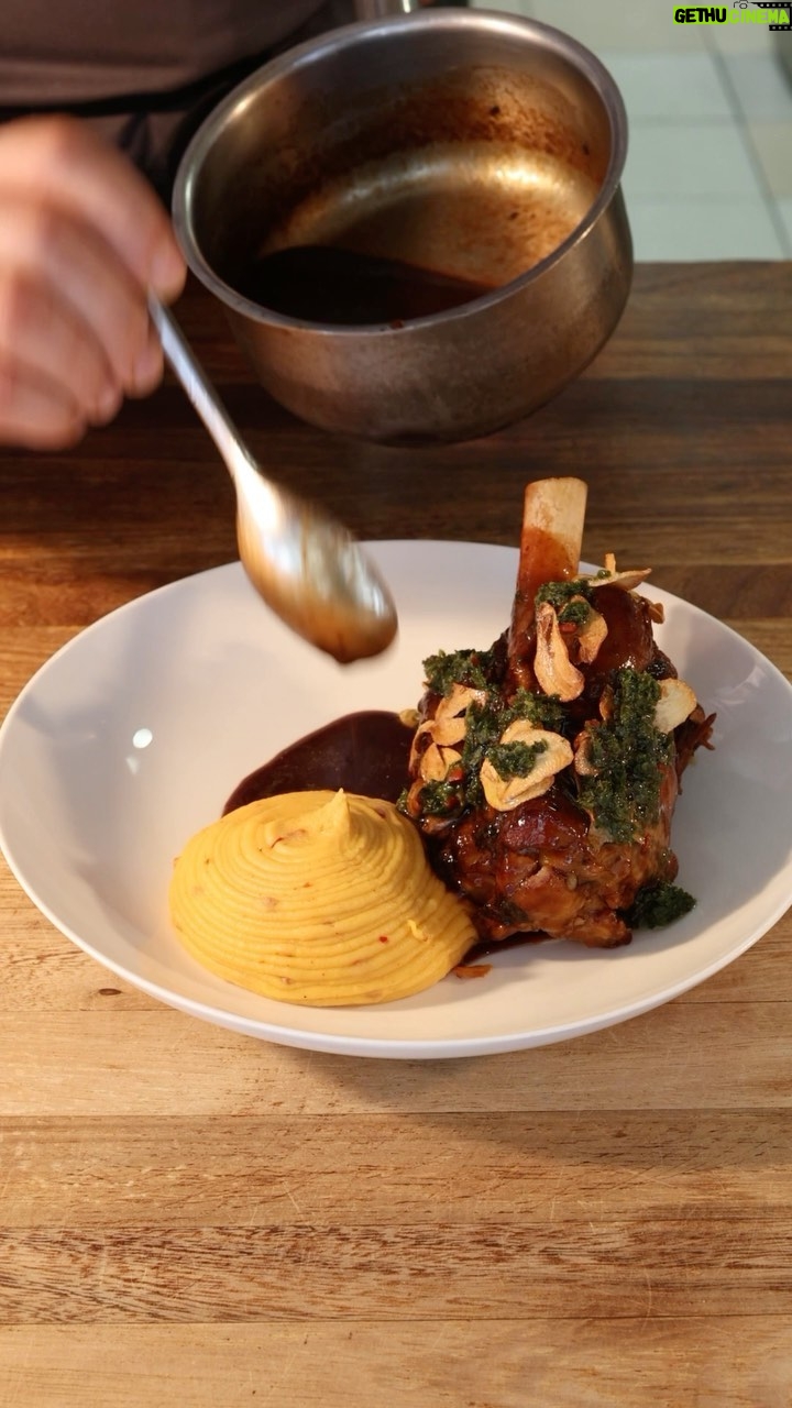 Gordon Ramsay - 48.8K Likes - Beautiful braised lamb shank served with harissa mash, black olive jus and gremolata at @gordonramsaybarandgrill !!