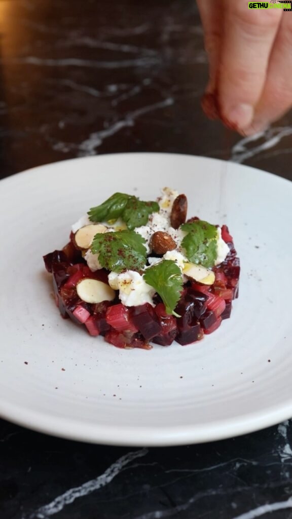 Gordon Ramsay Instagram - Tasty beetroot and rhubarb tartare with vegan Stracciatella, almond and sumac on @breadstreetkitchen’s new set menu - try two courses for only £17 !! Bread Street Kitchen