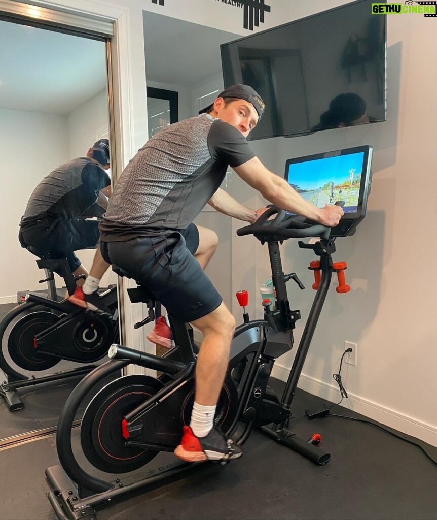 Gregg Sulkin Instagram - Getting my morning cardio in while virtually cycling around Beijing - thanks @bowflex for helping me get my endorphins going 💪