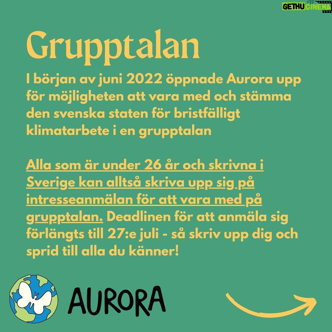 Greta Thunberg Instagram - Svenska staten måste stås till svars för sin bristfälliga och missvisande klimatpolitik. Även du kan vara med och kräva rättvis klimatpolitik i linje med forskningen! Om du bor i Sverige och är under 26 år kan du fram till 27e juli fylla i intresseanmälan för att vara med i en grupptalan mot svenska staten. Mer information finns i dessa slides samt på Auroras hemsida auroramålet.se Har du frågor kan du dm:a @auroramalet