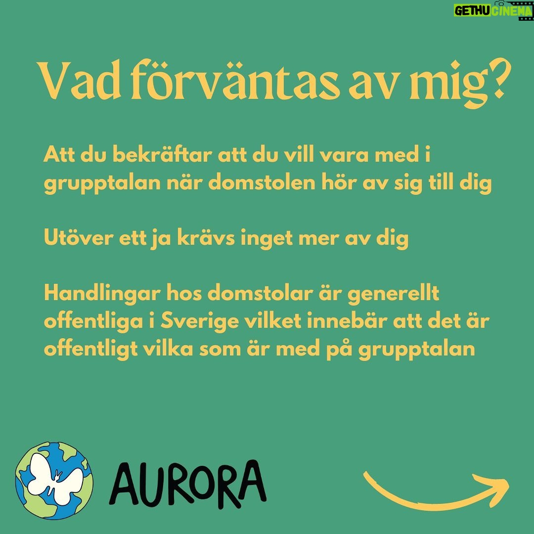 Greta Thunberg Instagram - Svenska staten måste stås till svars för sin bristfälliga och missvisande klimatpolitik. Även du kan vara med och kräva rättvis klimatpolitik i linje med forskningen! Om du bor i Sverige och är under 26 år kan du fram till 27e juli fylla i intresseanmälan för att vara med i en grupptalan mot svenska staten. Mer information finns i dessa slides samt på Auroras hemsida auroramålet.se Har du frågor kan du dm:a @auroramalet