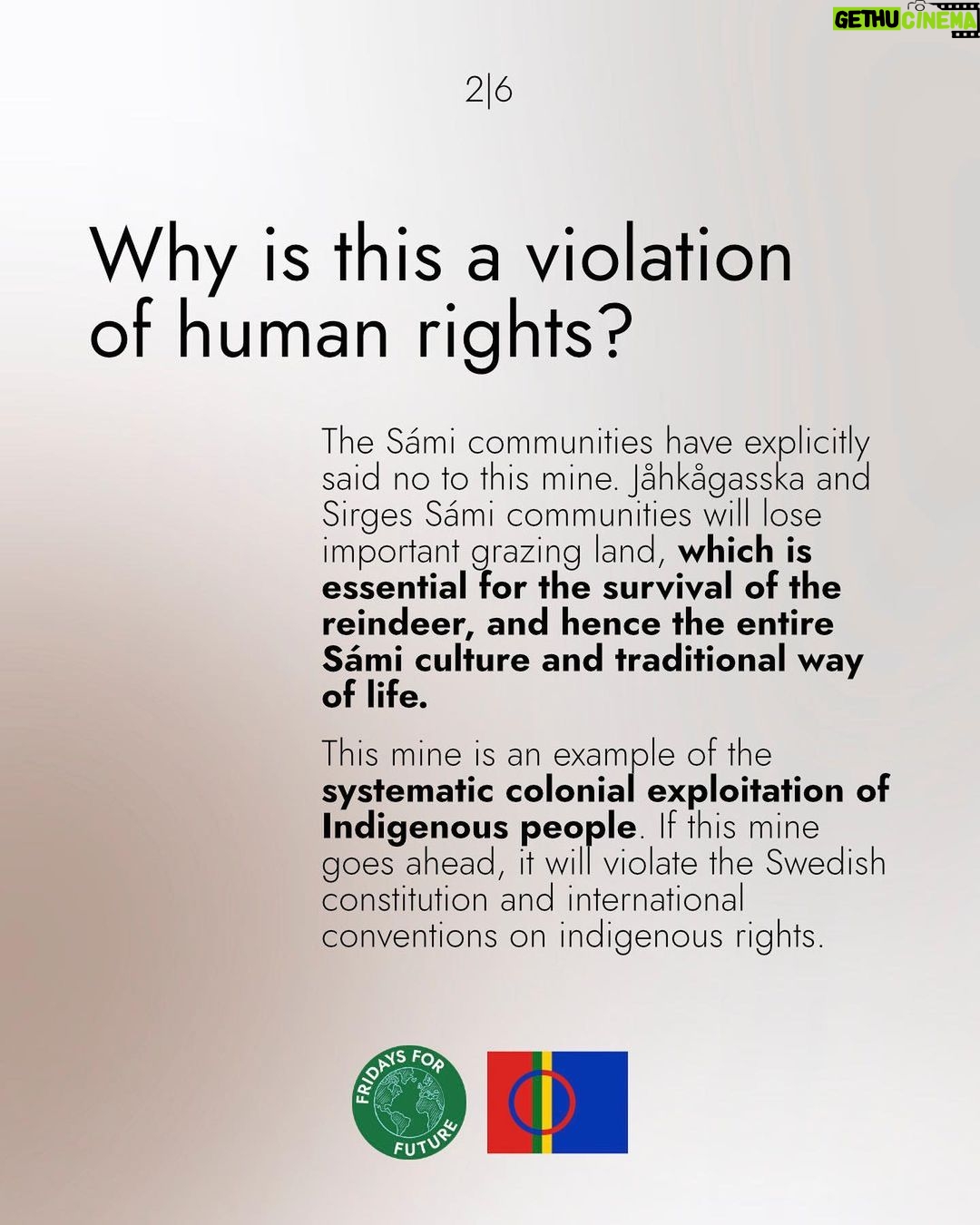 Greta Thunberg Instagram - Stop the colonisation of Sápmi by the Swedish government! The British company Beowulf wants to open up a iron ore mine on indigenous land. The Sámi are one of Europe’s recognised Indigenous people, living in a part of the world not only experiencing heating four times faster than the global average, but also an area that is still being exploited for its natural resources by the forest- and mining industry, just to name a few. The Swedish government now has to decide on whether this mine can open. The Sámi communities have clearly said no to this mine, as it would be an environmental disaster and jeopardise reindeer herding and therefore also their traditional ways of life. This is a clear example of how neocolonialism still exploits people and nature. We cannot remain silent. Please sign the petition (link in bio) to show solidarity and demand the Swedish government to make the right decision! #StandWithSápmi #NoMineInGállok (Graphics by @falk.o.s )