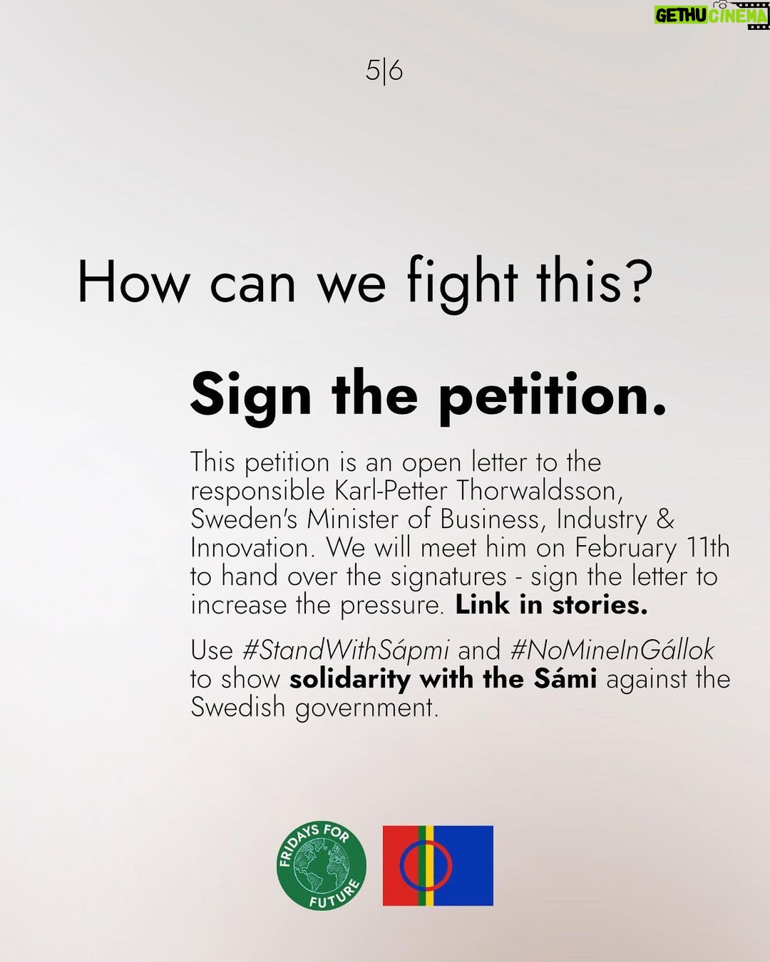 Greta Thunberg Instagram - Stop the colonisation of Sápmi by the Swedish government! The British company Beowulf wants to open up a iron ore mine on indigenous land. The Sámi are one of Europe’s recognised Indigenous people, living in a part of the world not only experiencing heating four times faster than the global average, but also an area that is still being exploited for its natural resources by the forest- and mining industry, just to name a few. The Swedish government now has to decide on whether this mine can open. The Sámi communities have clearly said no to this mine, as it would be an environmental disaster and jeopardise reindeer herding and therefore also their traditional ways of life. This is a clear example of how neocolonialism still exploits people and nature. We cannot remain silent. Please sign the petition (link in bio) to show solidarity and demand the Swedish government to make the right decision! #StandWithSápmi #NoMineInGállok (Graphics by @falk.o.s )