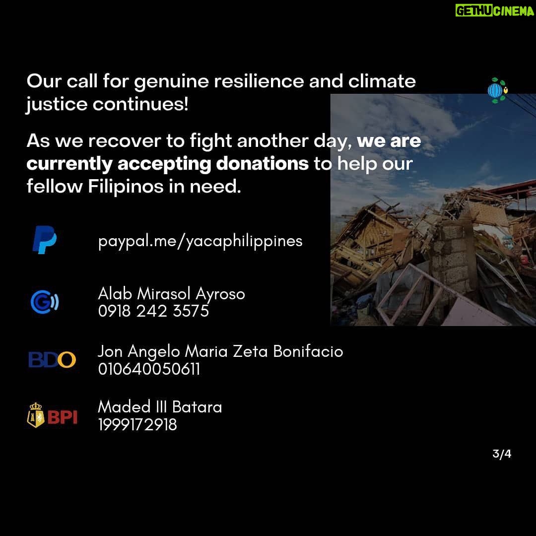 Greta Thunberg Instagram - π£ #OdettePH CALL FOR DONATIONS π£ With a Category 5 strength, Typhoon Odette (internationally known as Rai) is one of the strongest storms globally this year and has affected millions in the Philippines. Affected residents were prompted to evacuate and need assistance. The donations will go to relief operations for the affected communities. Any amount will go a long way! As we demand for climate justice, reparations, and people-centered climate adaptation from our world leaders, together, let us rebuild and recover to fight another day! #OdettePH #ReliefPH The cash donations channels: paypal.me/yacaphilippines GCash: Alab Ayroso 09182423575 BDO: JON ANGELO MARIA ZETA BONIFACIO 010640050611 BPI: Maded III Batara 1999172918 #OdettePH #ReliefPH #ClimateJusticeNow For more information, check @yacaphilippines or yacap.org/relief