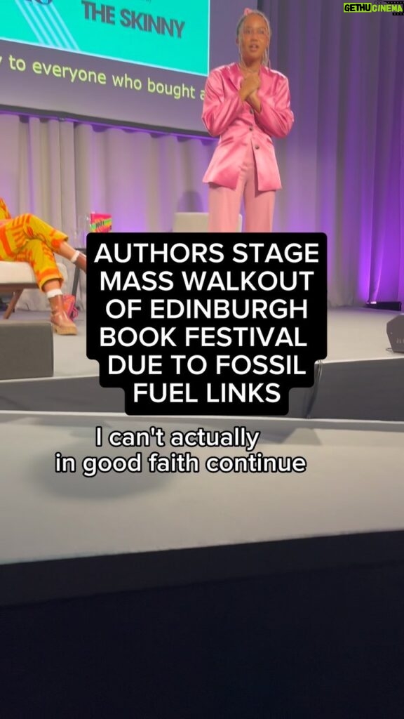 Greta Thunberg Instagram - *share this* As authors and chairs, we staged a walk-out from my Edinburgh book festival half way through the event because it is unacceptable that their lead sponsor funds climate breakdown. Investment firm Baillie Gifford - lead sponsor of the festival and many other cultural festivals - has £5billion invested in companies who make money from fossil fuels. In response to criticism, the book festival have said that Baillie Gifford aren’t that bad, are working in the right direction and that as this £5billion only amounts to 2% of their portfolio, they’re doing alright. This is greenwashing in action. £5billion is a LOT. This is why companies causing - or financing and thereby enabling others to expand - the climate crisis should not be allowed to sponsor cultural events *until they completely divest*. Alongside 100 other authors who have signed our open statement (see last post), we call on Baillie Gifford to divest their £5billion invested in fossil fuel companies. If they do not do that, we call on @edbookfest to drop BG as a sponsor. If they do not do that, we have all pledged to boycott the festival next year. I was so excited to be invited to speak on my book at the Edinburgh International Book Festival and would have loved to have had a full conversation there. But, we are in a dire situation with the climate crisis. Emissions are *still* rising every year. The UN and the IEA have been so clear: we can have no new fossil fuels if we want a liveable future. The industry and the many governments around the world (including the UK) are still ramping up production. So, we need to cut off the fossil fuel industry’s air: we need to cut off their money. Without it, they can’t continue to enact cultural and physical extermination of communities all over the world. There is power in action. There is power in making a stand. We have both everything to lose if we decide to sit back and just watch AND everything to gain for a transformed and better world if we decide to stand up, join others and take action. Thank you to everyone who stood by us today - let this be the beginning and not the end ✊🏽 don’t just watch us, join us: more actions linked in bio! Edinburgh, United Kingdom