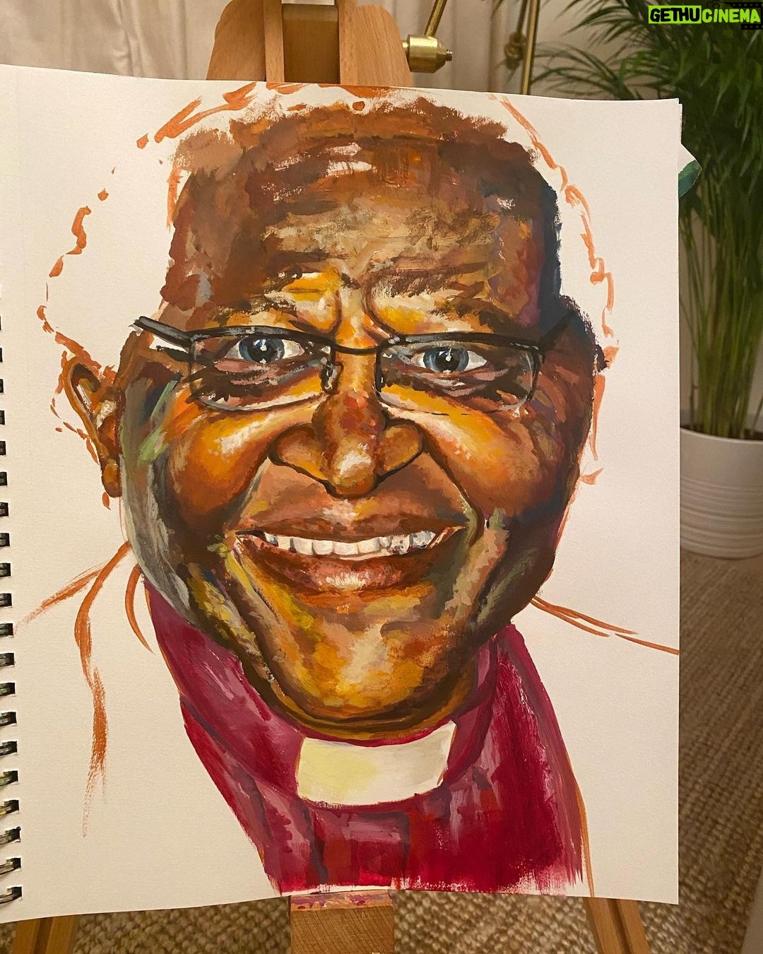 Gugu Mbatha-Raw Instagram - Felt compelled to pick up my paintbrush and capture the Joy of Desmond Tutu. ❤️ Before he joined the church, Desmond Tutu was a teacher and taught my Dad at school during the Apartheid era. My Dad always remembers his charismatic readings of Oliver Twist when they studied Charles Dickens in his South African high school. The power of lively storytelling left a deep impression. I’m still learning from Tutu’s words today… here are some of my favourite things he said: We are made for goodness. We are made for love. We are made for friendliness. We are made for togetherness. We are made for all of the beautiful things that you and I know. We are made to tell the world that there are no outsiders. All are welcome: black, white, red, yellow, rich, poor, educated, not educated, male, female, gay, straight, all, all, all We all belong to this family, this human family, God's family. We were made to enjoy music, to enjoy beautiful sunsets, to enjoy looking at the billows of the sea and to be thrilled with a rose that is bedecked with dew. Human beings are actually created for the transcendent, for the sublime, for the beautiful, for the truthful.… and all of us are given the task of trying to make this world a little more hospitable to these beautiful things. If you are neutral in situations of injustice, you have chosen the side of the oppressor. Discovering more joy does not, save us from the inevitability of hardship and heartbreak. In fact, we may cry more easily, but we will laugh more easily too. Perhaps we are just more alive. Yet as we discover more joy, we can face suffering in a way that ennobles rather than embitters. We have hardship without becoming hard. We have heartbreaks without being broken. Transformation begins in you, wherever you are, whatever has happened, however you are suffering. Transformation is always possible. We do not heal in isolation. When we reach out and connect with one another-when we tell the story, name the hurt, grant forgiveness, and renew or release the relationship-our suffering begins to transform. 🦋 #desmondtutu #joy #art #transformation