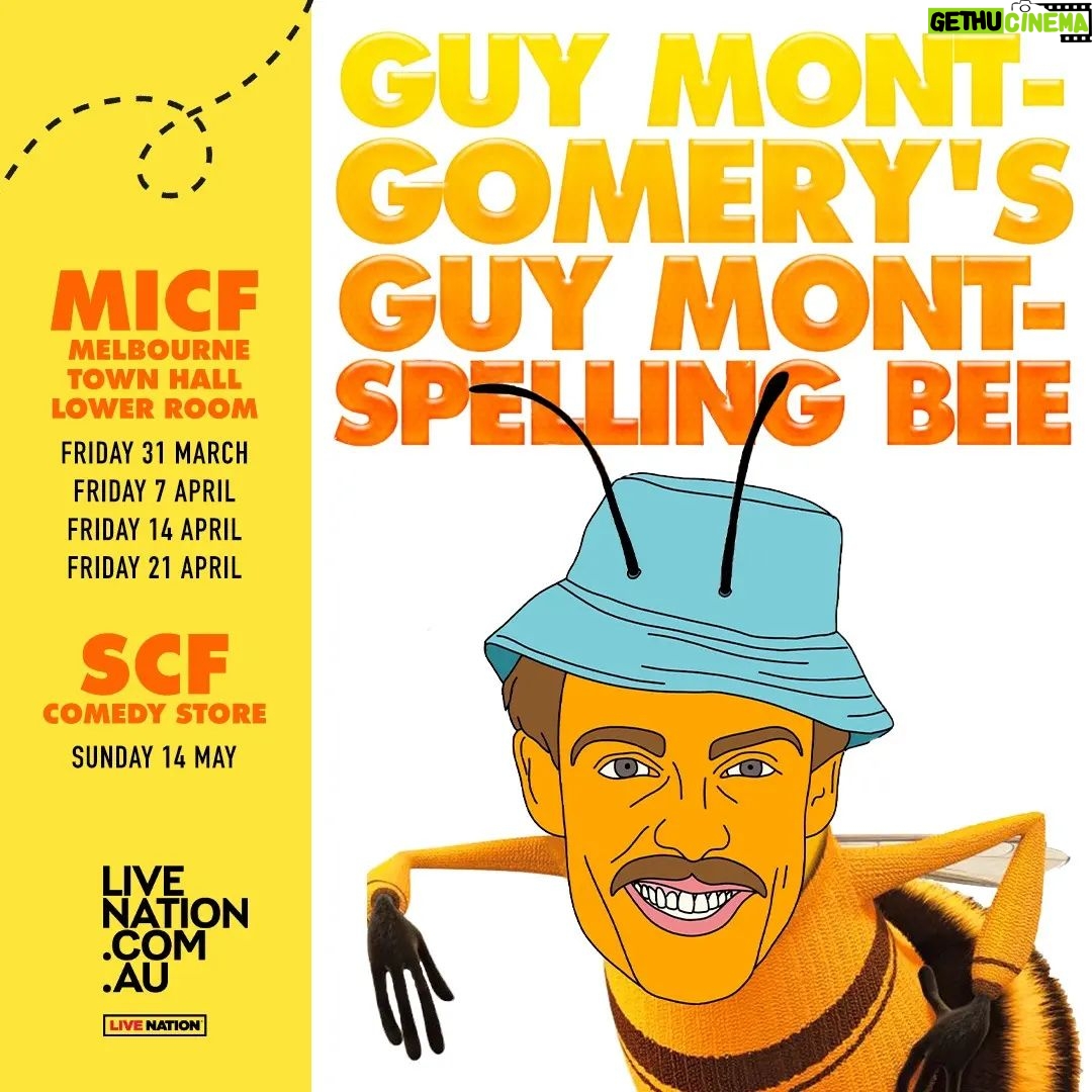 Guy Montgomery Instagram - I thought we did all the words last year but I've just been reading the dictionary and it turns out there are MORE👏WORDS👏TO👏SPELL My Guy Montgomery's Guy Mont-Spelling Bee is coming back to Australia and the tickets are on SALE TOMORROW (Jan 25) AT 10AM AEST The shows are good, the line ups are outstanding, the vibe is just right 🐝