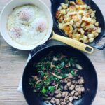 Gwyneth Paltrow Instagram – Todays #bb is skillet of lovely Swiss chard with caramelized onions and breakfast sausage, garlicky roast potatoes and some fried eggs (I learned a new technique here from one of you where you add some water to the pan while frying- revelation).