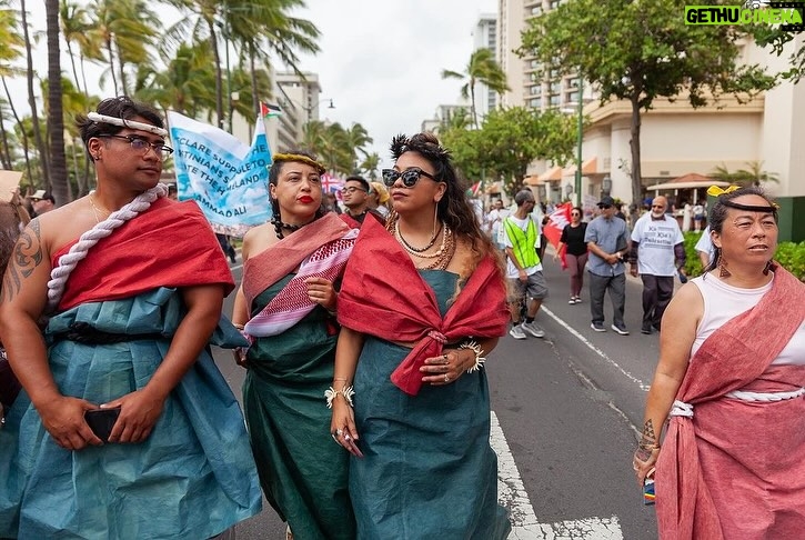 Hāwane Rios Instagram - ‘Kū Kia’i Palesetina // Solidarity March for Peace // January 28, 2024 in Honolulu, Hawai’i’ Honored to have laid down footsteps and offerings of chant and song to call for a permanent ceasefire and absolute end to the genocide of Palestine, Congo, Sudan, West Papua and all places and people suffering the devastation and soul shattering anguish of the evil powers that be. I have marched adorned in my regalia, in my sacred ‘a‘ahu since the first march we were asked to offer protocol for in 2012 for the ‘A‘ole GMO Movement in Hilo Hanakahi. It was so powerful to ‘a‘ahu in regalia alongside people that I have been in ceremony with for the past three years. We adorned in pā‘ū, kākua, lei hulu, lei momi, lei aloha from every sacred moment in prayer we have shared together in the places with stand for. When we ‘a‘ahu and when we oli, we are bringing the best of ourselves and the highest of our offerings to the place and the people we are standing up in solidarity for. I looked around and saw the words Kū Kia‘i Palesetina everywhere my eyes landed and all I could think of was how incredibly powerful it is to affirm our love for a place most of us have never been in our language and in the language of our movement for Mauna Kea which brought us into relationship on the Ala Hulu Kūpuna. So when we chant and when we include the God of the people we stand with in our prayers, it is our highest, most sacred of ceremonial expressions of devotion. I don’t just stand for Palestine. I have come to deeply love Palestine. And that is why I promise to keep speaking, keep marching, and keep posting as much as I possibly can. Because it is, to me, the correct thing to do. It is the kūpono thing to do. It is the kūpono person to be and continue to become. Aloha nā waipuna me nā ki’owai o Paleketina Mai nā kahawai a hiki loa i ka Moananuiākea E mau ke ea o ka ‘āina i ka pono I ke aloha i ka ‘oia’i’o Kū nā Kia’i Mauna a Wākea Kū nā kia’i Paleketina Inshallah Ameen From the river to the sea Palestine and Hawai’i shall be free 📸: @jenmay Puu Huluhulu