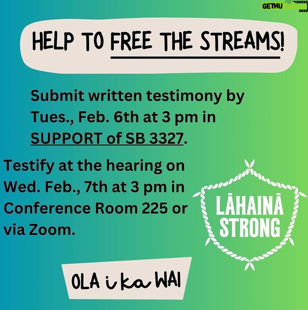 Hāwane Rios Instagram - amplifying from @officiallahainastrong 🚨 URGENT 🚨 For too long already the powerful have played politics with Hawaiʻi’s freshwater resources. The interests of private water purveyors, real estate speculators, and the US military dictate water policy behind the scenes. That is why many of our streams run dry, kalo farmers struggle, wildfires are rampant, and jet fuel lingers in the water. But today we have an opportunity to get the politics out of our water policy by supporting SB3327 to separate the Water Commission from the Department of Land and Natural Resources. In the aftermath of the Lahaina fires in August, those that benefit from plantation disaster capitalism made bold moves to solidify control of freshwater resources in Maui Komohana. The Governor suspended the Water Code, creating a free-for-all over freshwater in West Maui. Private water purveyors hoarded more and more water in unlined reservoirs, taking far more water than they are legally allowed or that they could reasonably use, claiming it was needed for fire suppression. Most shockingly, the Director of the Department of Land and Natural Resources folded to pressure from these private companies and removed the deputy director of the Water Commission on false allegations that he did not allow stream water to be used to fight the Lahaina wildfires. Now, we have an opportunity to liberate Hawaiʻi’s water policies from the corrupting influences of money and politics. SB3327 aims to improve implementation of the state Water Code by shielding the Water Commission’s staff and volunteer board from the influences of interests unrelated to upholding the public trust doctrine, and the proper management of surface and ground water resources for the benefit of all people. This bill converts the Water Commission’s deputy director into an executive director, reinforces the Public Trust Doctrine, and empowers the Commission with independent legal counsel and control over its budget. The time is now! Submit written testimony at capitol.hawaii.gov by Tuesday afternoon at 3:00pm. 🚨