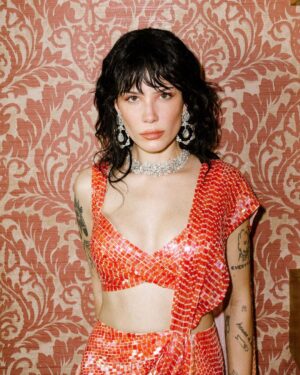 Halsey Instagram - 🦩 did I audibly shriek when I saw how well this look matched the @aboutfacebeauty Marigold eye paint? yes. yes I did 🌷 

Photos by @donslens 
full look @manishmalhotraworld 
Styled @lynalyson_ 
Asst @shereenlovebug 
Hair @anthonyperezhair