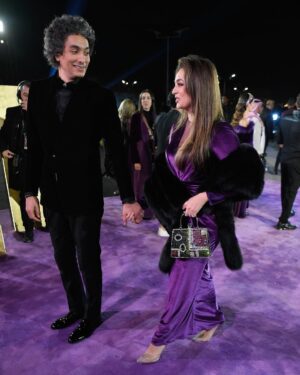 Heba Magdi Instagram - I am lucky to have you always by my side @mohamedmohsensinger 
From the beautiful day in Riyadh season #joyawards 💜🖤
______________ 
Dress @fasateen_boutique 
Suit @moaaz_el_behairy 
MUA @hebaalshshtawi 
Fur @be_my_guest_shopping 
Jewelry @dimajewellery 
Bag @massrah_lets_glow
