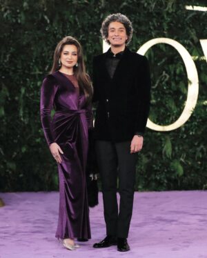 Heba Magdi Instagram - I am lucky to have you always by my side @mohamedmohsensinger 
From the beautiful day in Riyadh season #joyawards 💜🖤
______________ 
Dress @fasateen_boutique 
Suit @moaaz_el_behairy 
MUA @hebaalshshtawi 
Fur @be_my_guest_shopping 
Jewelry @dimajewellery 
Bag @massrah_lets_glow