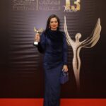 Heba Magdi Instagram - مهرجان الفضائية العربية و جائزة التميز و الابداع عن دور رحاب في مسلسل المداح💙 @dinaelgeddawyofficial @mai_elbahey @glamour.jewellery @mikenassri @barakattexfabrics