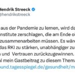 Hendrik Streeck Instagram - Heute wurde die Verkleinerung des #RKIs zusammen mit dem neugegründeten Bundesinstitut für Prävention und Aufklärung in der Medizin (#BIPAM) verkündet. Übersetzt bedeutet es nur ein Mehr an Verwaltung und Bürokratie aber keine Neuausrichtung und wissenschaftliche Stärkung des öffentlichen Gesundheitsdienst. Meine Gedanken hierzu hatte ich vor Monaten bereits zu Papier gebracht: https://background.tagesspiegel.de/gesundheit/mehr-pioniergeist-bitte