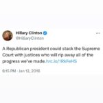 Hillary Clinton Instagram - The Supreme Court's recent rulings were sadly predictable for anyone who understands the hard-right agenda. Their goal has always been to install Justices whose job is to turn back the clock on our freedoms, on decades of constitutional decisions, and on our continuing struggle to “form a more perfect union” that includes all of us.⁣ ⁣ Let's vote out their political enablers and rein in the dark, subversive money that supports them in their quest to reverse a century of progress.