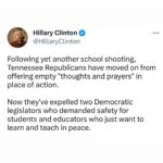 Hillary Clinton Instagram – We don’t have to put up with these shockingly anti-democratic actions that deny voters’ voices and aim to cut off the progress we need. ⁣
⁣
You can stand with expelled Reps. Justin Jones and Justin Pearson by donating to their re-election campaigns at the link in my profile.