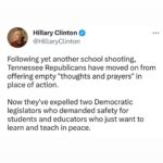 Hillary Clinton Instagram - We don't have to put up with these shockingly anti-democratic actions that deny voters' voices and aim to cut off the progress we need. ⁣ ⁣ You can stand with expelled Reps. Justin Jones and Justin Pearson by donating to their re-election campaigns at the link in my profile.
