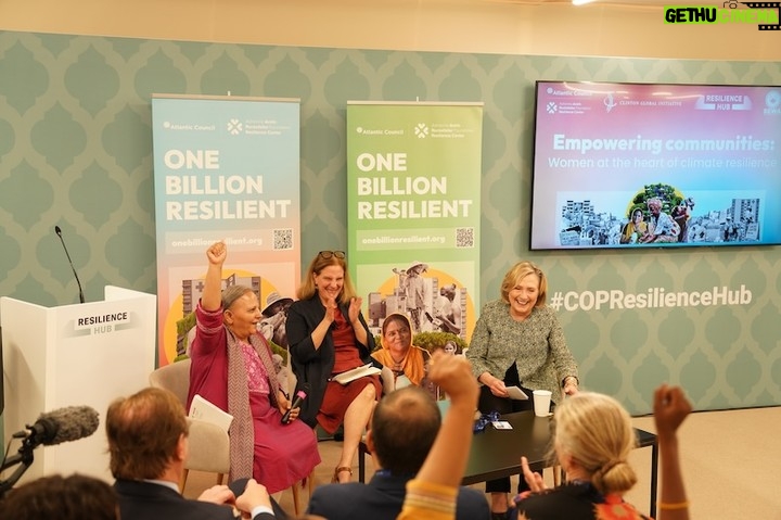 Hillary Clinton Instagram - Thank you to the Arsht-Rock Resilience Center and @AtlanticCouncil for keeping the focus on how gender-responsive policies must be at the center of climate action. I had a wonderful conversation with Global Chief Heat Officer Eleni Myrivili and SEWA Director Reema Nanavaty about what gender justice means in the face of climate impacts. #COP28 Photos: Holly Hayes