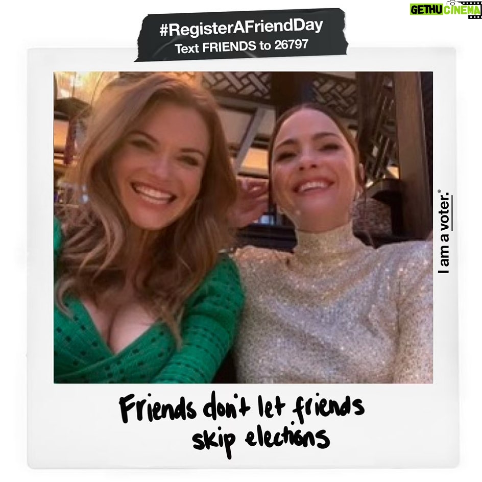 Holland Roden Instagram - Friends don’t let friends skip elections!! 🌟🎉 Text FRIENDS to 26797 to make sure you are registered to vote. And post a photo with your friends and tag them with this caption to remind them to check their registration too! #registerafriendday @iamavoter @shelleyhennig we be votin’ 💋