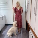 Holly Willoughby Instagram - Look who has come to play… see you on @thismorning at 10am. Lovely @rose.a.e joins us today to talk about her west end debut… #hwstyle💁🏼‍♀️✨ dress by @ghostfashion #bailey #takeyourdogtoworkday 🐶