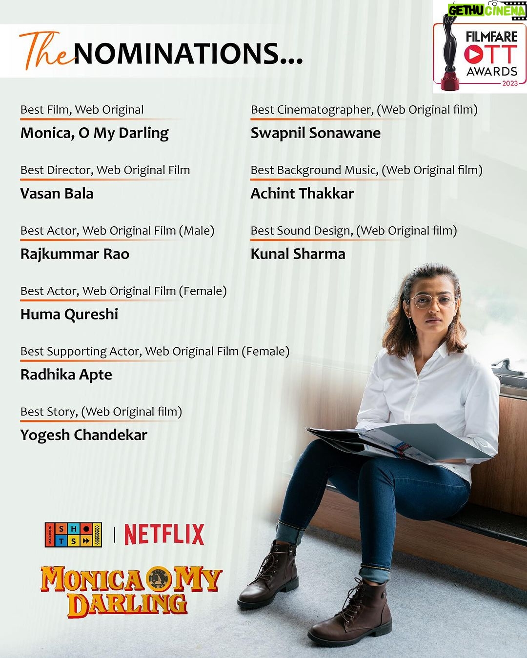 Huma Qureshi Instagram - 🌟🎥 Yet another exciting nomination alert! ‘Monica, O My Darling’ is up for the 4th Filmfare OTT Awards. We’re thrilled and proud of this project we enjoyed working on. As the big event nears, stay tuned to see the winners! 🏆 Comment below who you’re rooting for! #MonicaOMyDarling #OTTExcellence #FilmfareNominations #StayTuned @rajkummar_rao @iamhumaq @radhikaofficial @sukantgoel @sikandarkher #BagavathiPerumal @zaynmarie @akansharanjankapoor @vasanbala @netflix_in #YogeshChandekar @sanjayroutraymatchbox @saritagpatil @dikssharoutray @achintstagram @vidushak @vidhi_mystery @swapsagram @eshtylist @mansidhruvmehta @zubyjohal @shiprasinghacharya @shivam_vichare @pratikmr @vishal_bajaj_1603 @kavyadesaii @ganja_yogi @atanumukherjee @sonymusicindia