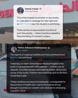 Humza Yousaf Instagram - This is the hospital my brother-in-law works in. I was able to message him last night and as @drtedros says the situation is petrifying. 

There can be no equivocation at a time of such inhumanity- there must be a ceasefire.

Stop the killing of innocent civilians.