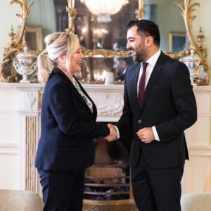 Humza Yousaf Instagram - Delighted to welcome @michelle.oneill.sf to Bute House.

We discussed hopes of a deal to restore power-sharing and the opportunity for more co-operation between Scotland & Northern Ireland.

Including on tackling Westminster's cost of living crisis and underinvestment in public services.