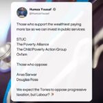 Humza Yousaf Instagram – Those who support the wealthiest paying more tax so we can invest in public services:

STUC
The Poverty Alliance
The Child Poverty Action Group
Oxfam

Those who oppose:

Anas Sarwar
Douglas Ross

We expect the Tories to oppose progressive taxation, but Labour? 🥀