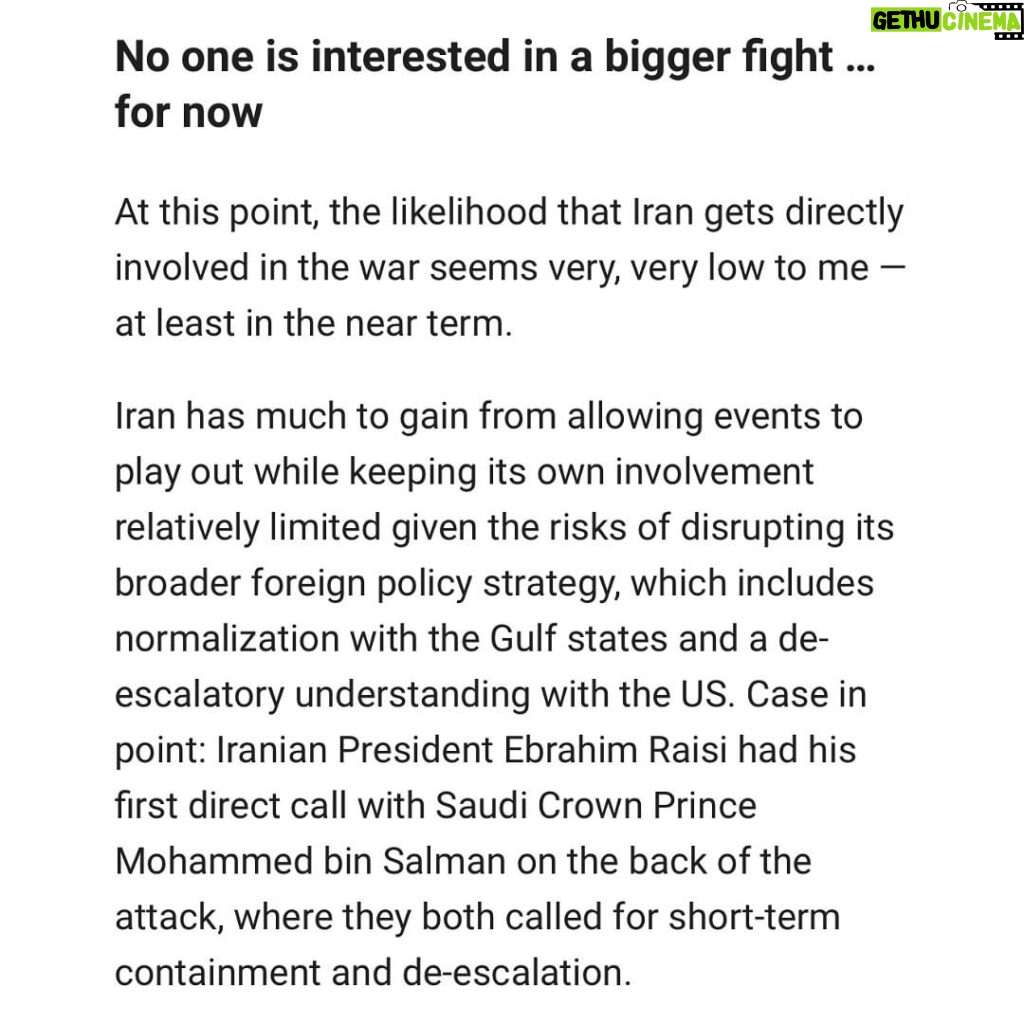 Ian Bremmer Instagram - Iran has much to gain from allowing events in Israel and Gaza to play out while keeping its own involvement relatively limited given the risks of disrupting its broader foreign policy strategy, writes @ianbremmer At the link in @gzeromedia's bio, read @ianbremmer's latest column explaining what we know (and don't know) about Iran's role in the war. #Israel #Gaza #Hamas #News #BreakingNews #NewsHeadlines #IsraelHamasWar #Hezbollah #Iran #IanBremmer
