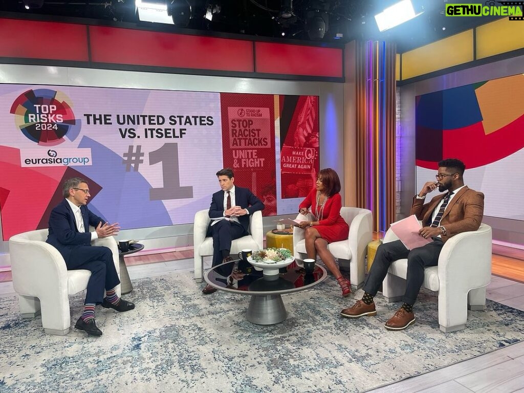 Ian Bremmer Instagram - always a blast to stop by @cbsmornings w/ @gayleking, @tonydokoupil and @nateburleson (seen here challenging my sock game) #toprisks2024 New York, New York