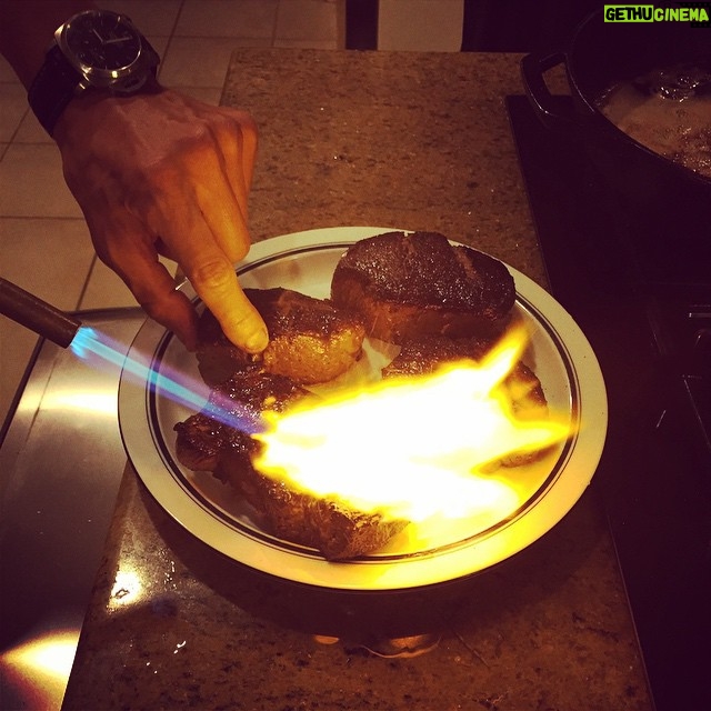 Ian Harding Instagram - Apparently this is the best way to cook a steak. @landonross #blowtorch