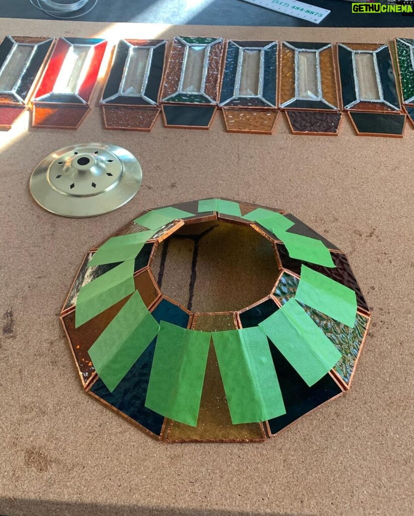 Ivy Winters Instagram - Finished making a stained glass lamp. I used a lot of my scrap glass pieces so I wasn’t sure how it was going to look all put together. I’m very happy the way the colors kaleidoscope into one another as it rotates!It also turns my dining room into a disco at night 😂 #handmade #tiffanystylelamp #leadedglass #lamp #diy #stainedglass #stainedglasslamp #solder #crystal