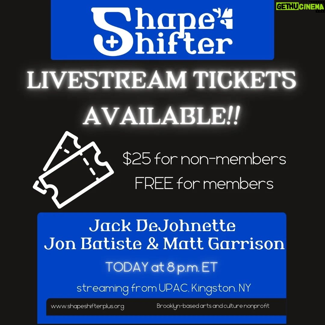 Jack DeJohnette Instagram - On Thursday, Dec. 15 2022, at 8 p.m. ET, ShapeShifter Plus and Bardavon Presents are co-presenting at UPAC, a once-in-a-lifetime concert featuring Jack DeJohnette, Jon Batiste, and Matthew Garrison with special guest Roy Wood Jr. If you can't make it in person, you're in luck. Livestream tickets are now available!! FREE for members and $25 for non-members Ticket link in our bio #shapeshifterplus #ss+ #bardavonpresents #nycnonprofit #jazzconcert #upstatenyconcert #liveconcert #onlineconcert #livestream #virtualconcert #music #musicevent #nonprofit #artsnonprofit #jonbatiste #jackdejohnette #garrisonjazz #roywoodjr #UPAC #ulsterperformingartscenter #kingston #hudsonvalley #woodstock #livestream
