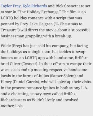Jake Helgren Instagram - Welp, thank you @variety , the cat is out of the bag!  My third LGBTQ+ holiday romance coming your way this holiday season. 🎄 

The Holiday Exchange stars this beautiful cast @taylorfrey @rickcosnett @kylerichards18 @mr.samersalem @dantheman7886 @camila @axemefink @thenickadams @kyledeanmassey @joeaaronreid @theleejones @coltontran @blakecoopergriffin and @kevinhager1377 !!

Such a fun script from @taylorfrey and thanks to my boys @taylorfrey and @kyledeanmassey for helping bring this beauty to life! ❄️

🎥: @hmartinez_dp 
🖼️: @artdaddybarrios 
👗: @letlastyleyou 
💄: @makeupbyjacqie 
👱: @sweetdreamsmakeup 
Production: @kristifor @chris_k422 @chase_sells_atl @joshua_reeves503 🥰
.
.
#highteaproductions