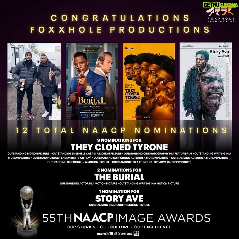 Jamie Foxx Instagram - Super thankful to the @naacpimageawards for these nominations “The Burial “… “They Cloned Tyrone”… “Story Avenue”… I cannot tell you how great it feels to be recognized by our own… and big thanks to @datariturner your vision and your relentlessness to get all of our projects done at the top of expertise and execution has been something to marvel.. you have put Foxxhole productions on the map, and we continue to keep making incredible artistic strides!!! And on a personal note I am humbled and thankful to God that I get a chance a second chance to enjoy and appreciate life… @frequency11 @corinnefoxx ❤❤❤❤❤. #swipeleft