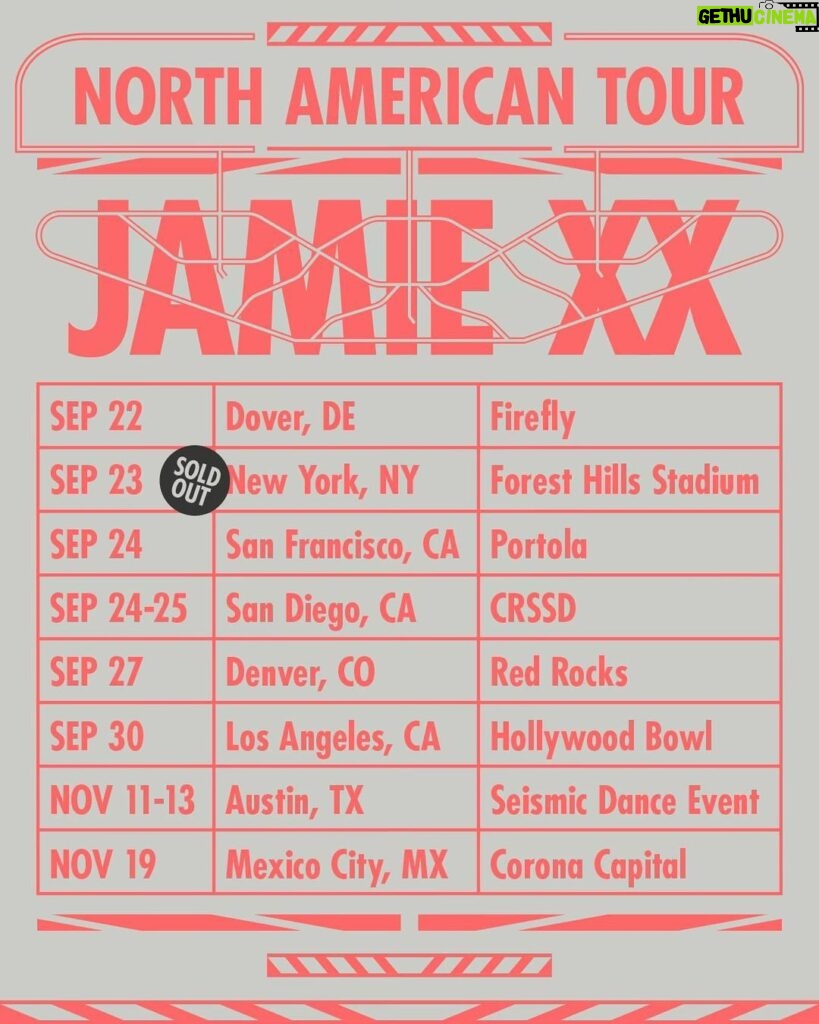 Jamie XX Instagram - Summer festivals all around Europe have been a blast. Looking forward to playing more shows across North America this Autumn. See you there. 22 September - Firefly - Dover, DE 23 September - Forest Hills Stadium SOLD OUT - New York, NY 24 September - Portola - San Francisco, CA 24-25 September - CRSSD - San Diego, CA 27 September - Red Rocks - Denver, CO 30 September - Hollywood Bowl - Los Angeles, CA 11-13 November - Seismic Dance Event - Austin, TX 19 November - Corona Capital - Mexico City, MX Artwork by @noahbaker.studio