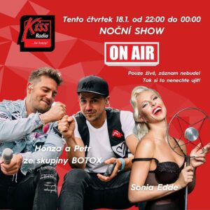 Jan Kopečný Instagram - Do Noční Show přijdou za Sonoiu Edde tentokrát Honza a Petr ze skupiny Botox! 🔥 

Nalaďte si už zítra, 18. ledna 2024, rádio Kiss od 22 hodin do půlnoci, záznam nebude! Tak pokud vás zajímá na co všechno se bude Sonia kluků ptát, nenechte si to ujít! 🎧

#kissradiokiss #behappy #nocnishow