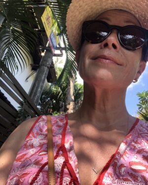 Jane Hall Instagram - My sweaty upper-lip and I are in Bali. ( pinch zoom ). Top shelf mini-break.
Also, bought a new visor after Betty ate my old one.
So, all good. 🤣