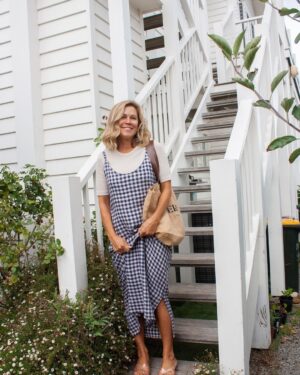 Jane Hall Instagram - I love me a good slip dress and this beauty was gifted to me by @cereslife . It’s super cute, affordable AND made from ‘Rescue’ fabric… remnants that are reclaimed and remade to reduce environmental impact. ❤️❤️Also wearing their ribbed cotton tee… so comfy! Go check out their feed… so much to love. ❤️❤️ Thanks to @henriettacreative for the pics 🥰