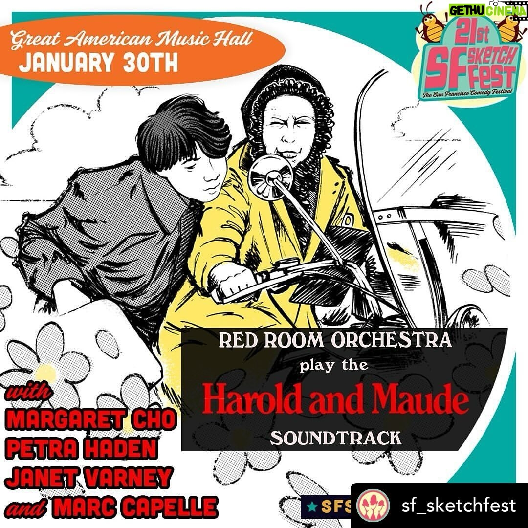 Janet Varney Instagram - SO EXCITED & honored to be in this show!! @sf_sketchfest Tomorrow night (1/30)! Join us at @greatamericanmusichall as @redroomorchestra plays the music of “Harold & Maude” (1971). Listen as the collective performs music from the film, with instrumentals and Cat Stevens songs. Red Room Orchestra and founder @marccapellemusic will be joined by comedian and actor @margaret_cho, musical innovator @petrahaden, and @sf_sketchfest co-founder @thejvclub! Guest musicians feature Andy Cabic (Vetiver), Larry Mullins (Nick Cave and the Bad Seeds), Karina Denike (NOFX), Dina Maccabee and more. Tickets at the link in @sf_sketchfest bio!