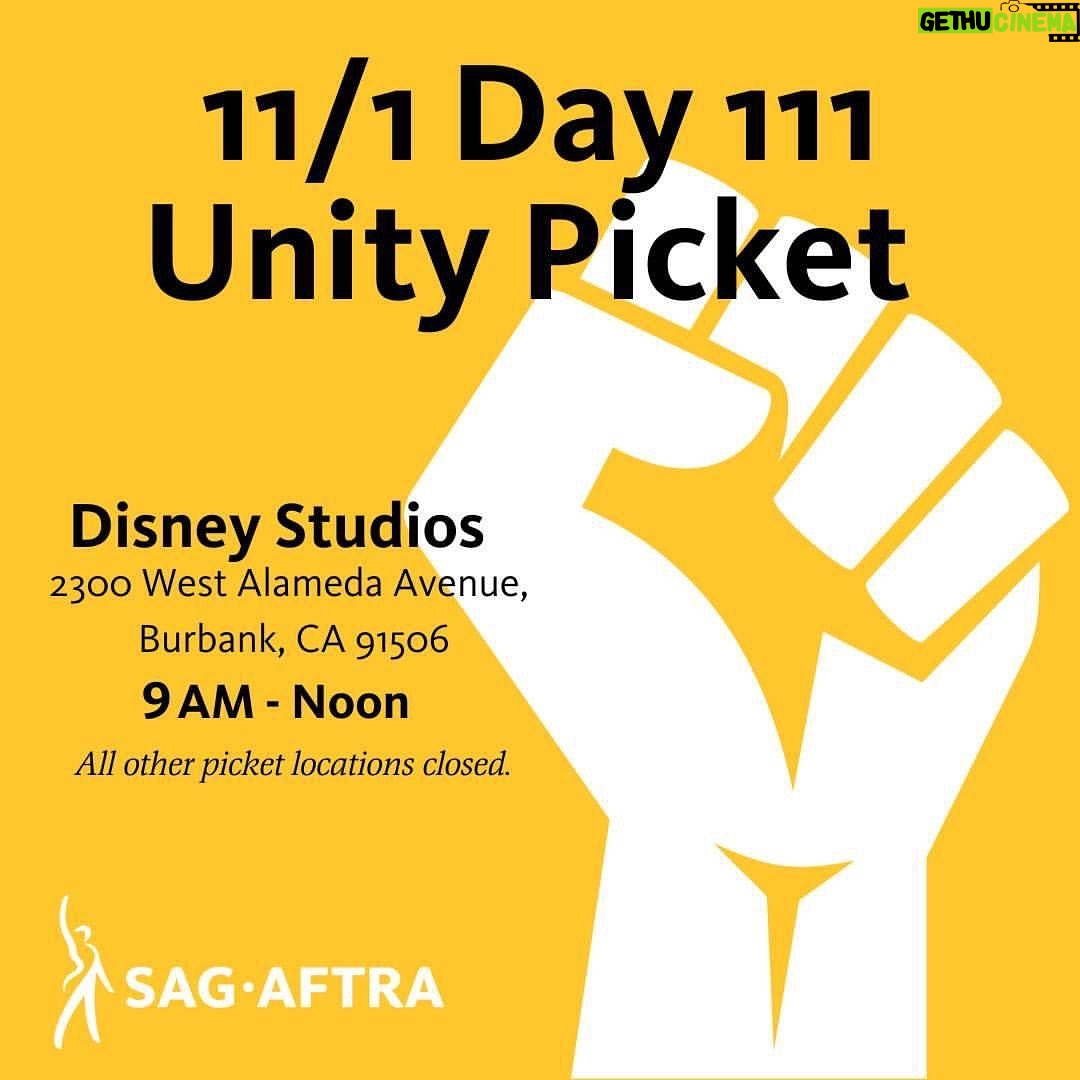 Janet Varney Instagram - REPOSTING @sagaftra LOS ANGELES #SagAftraMembers! We’ll be at Disney Studios TOMORROW, 11/1 for our Day 111 Unity Picket! All other picket locations will be closed. Join us from 9 AM-noon as we continue the fight for a fair contract. Use your voice, show up and be #SagAftraStrong! 💪✊ Image Description: On a yellow background. At the top. In large, black text: 11/1 Day 111 Unity Picket. In the bottom right corner, extending to the top. A white closed fist. In the middle, next to the fist, in black text: Disney Studios. 2300 West Alameda Avenue, Burbank, CA 91506. Below, in small, italicized, black text: All other picket locations closed. In the bottom left corner. A white figure with its right arm upraised. Next to it. In white text: SAG-AFTRA.
