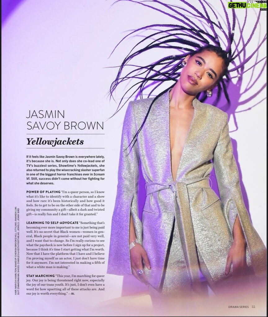 Jasmin Savoy Brown Instagram - So this is one of the coolest things ever??? THANK YOU @thewrap I am proud to be a black queer actress and I am excited to be paid my worth 😍 Quote & credits below! “If it feels like Jasmin Savoy Brown is everywhere lately, it's because she is. Not only does she co-lead one of TV's buzziest series, Showtime's Yellowjackets, she also returned to play the wisecracking slasher superfan in one of the biggest horror franchises ever in Scream VI. Still, success didn't come without her fighting for what she deserves. POWER OF PLAYING "I'm a queer person, so I know what it's like to identify with a character and a show and how rare it's been historically and how good it feels. So to get to be on the other side of that and to be giving my community a gift-albeit a dark and twisted gift-is really fun and I don't take it for granted." LEARNING TO SELF-ADVOCATE "Something that's becoming ever more important to me is just being paid well. It's no secret that Black women-women in gen-eral, Black people in general-are not paid very well, and I want that to change. So I'm really curious to see what the paycheck is now before I sign up for a project, because I think it's time I start getting what I'm worth. Now that I have the platform that I have and I believe I'm proving myself as an actor, I just don't have time for it anymore. I'm not interested in making a fifth of what a white man is making. STAY MARCHING "This year, I'm marching for queer joy. Our joy is being threatened right now, especially the joy of our trans youth. It's just, I don't even have a word for how upsetting all of these attacks are. And our joy is worth everything." BL @thewrap @graphicsmetropolis 📷 @zimmermann lewk @marciahamilton hair @cherishbrookehill makeup @itsamandalim styled