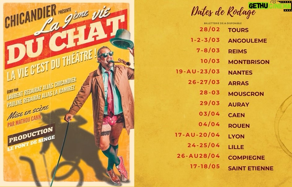 Jason Chicandier Instagram - Ça y est les loubards, la tournée du nouveau spectacle débute en fanfare. Voici les premières dates… en route vers l’Olympia ! Vous tapez « Chicandier la 9ème vie du chat et la ville qui vous intéresse » et magie de la technologie une billetterie va apparaître ! Dans ce spectacle je parle des périodes de vie : étudiant en droit, apprenti notaire, fonctionnaire dans le sud, catho lyonnais, secrétaire général dans le nord, saltimbanque… ça va parler de ski, des bourgeois, des amis qui vous sauvent, de famille, de drogue, de la folie, de la bouffe, des excès, de cinéma, d’alcool, du showbiz, de la Ramirez évidemment… bref je sors tout ce que j’ai dans les tripes et je le mets sur la table, vous ferez le tri. Je vous embrasse très fort et j’ai hâte de vous retrouver. Votre pop corn sur mocassins. La Chicande.