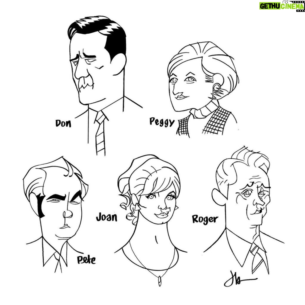 Jason Latour Instagram - While continuing my MADMEN re-watch I cleaned up these old caricatures of the cast members. Swipe 👈for a better look. Join my NEWSLETTER at the link in bio. #Madmen #cartoonist #comics #jonhamm #dondraper #elizabethmoss #christinahendricks #joanharris #rogersterling #johnslattery #vincentkartheiser #petecampbell